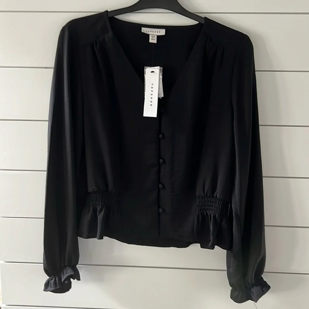 Top Shop black button up v-neck blouse. New with tags size 6. - Picture 1 of 8